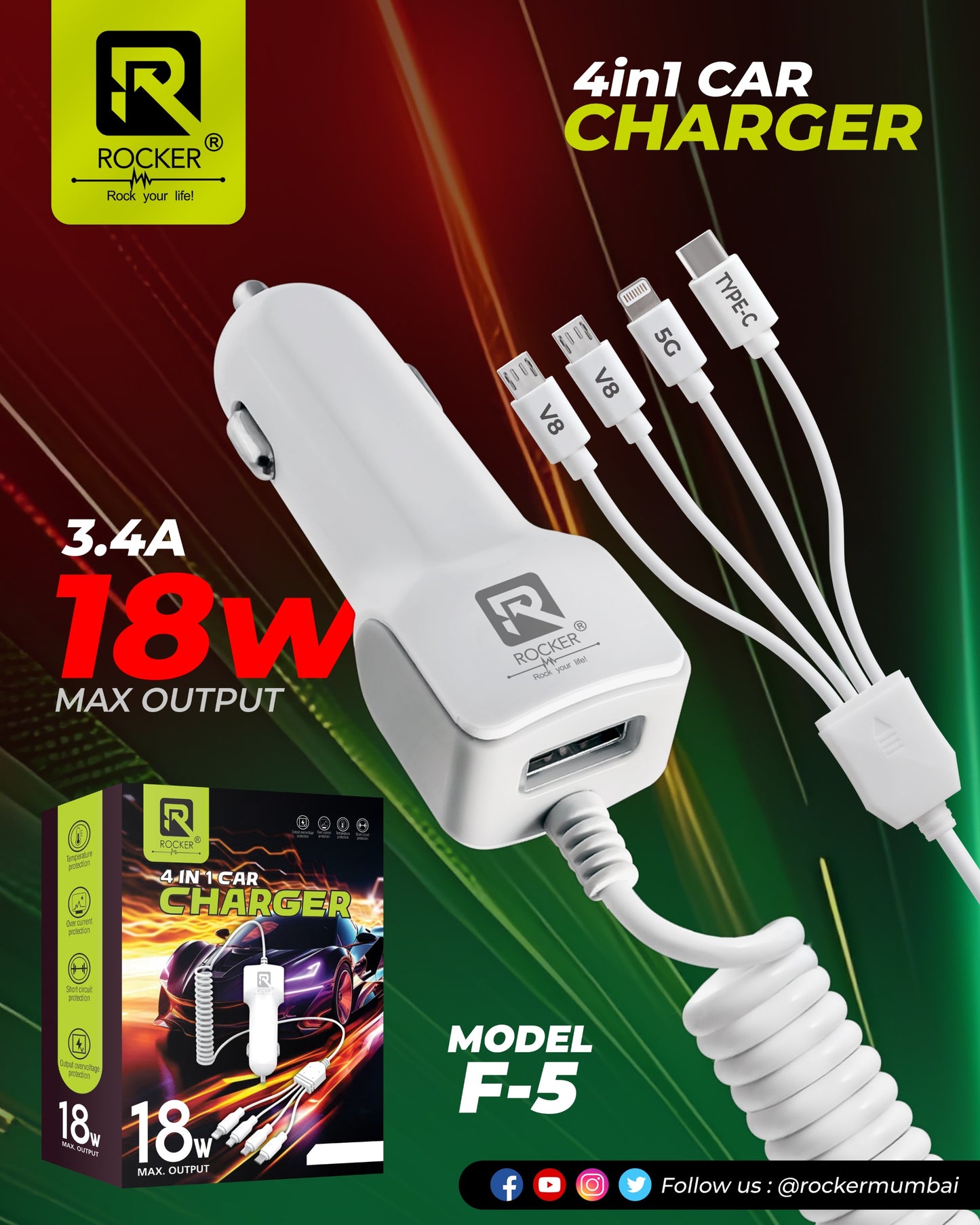 Rocker F-5 , 4 in 1 Car charger, 18 W Max Output, 3.4A