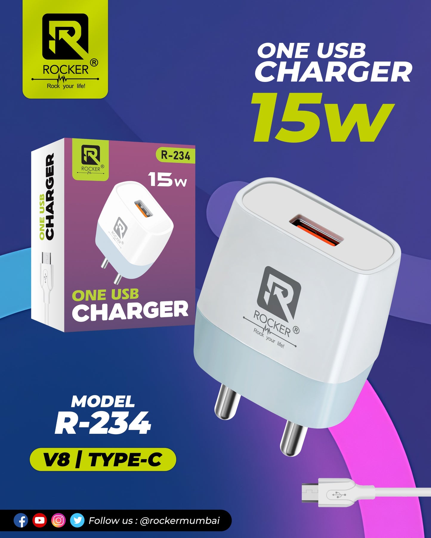 Rocker R-234, One USB Charger, 15W V8 | Type-C