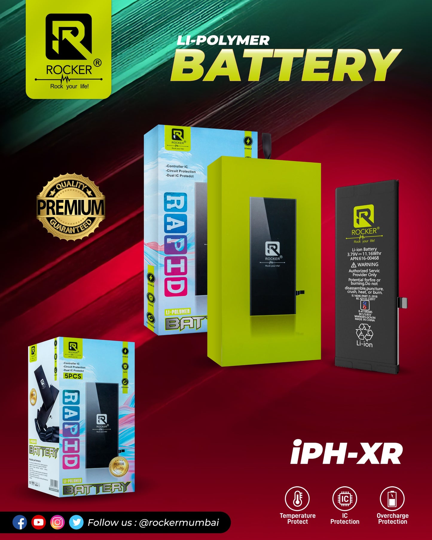 Rocker iPH-XRn Battery, Li-Polymer Battery, Overcharge protection