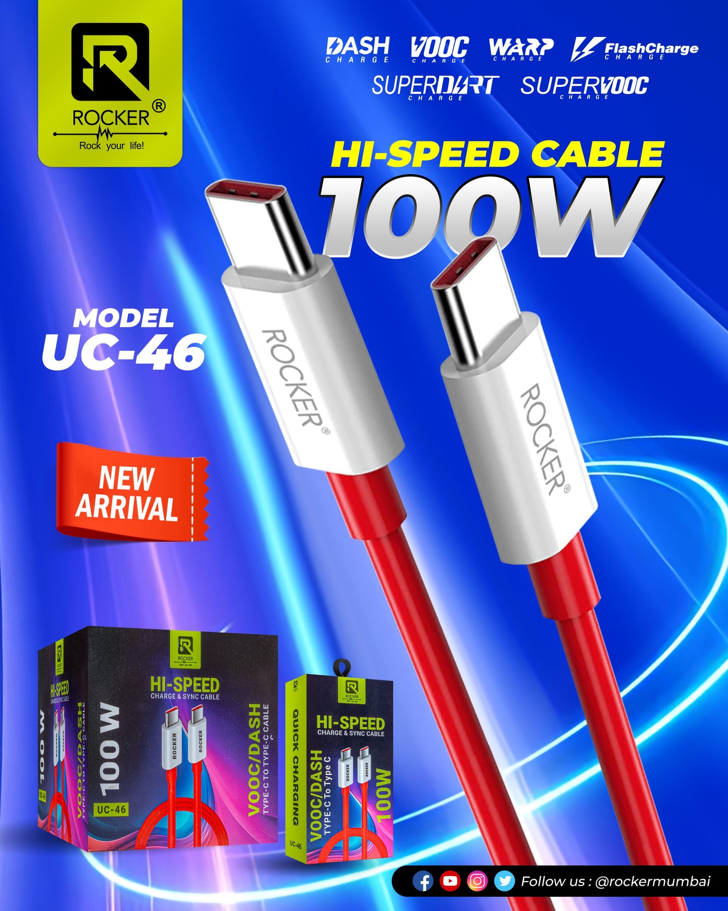 Rocker UC-46 , HI- SPEED Cable , 100W  , TYPE-C TO TYPE- C Cable