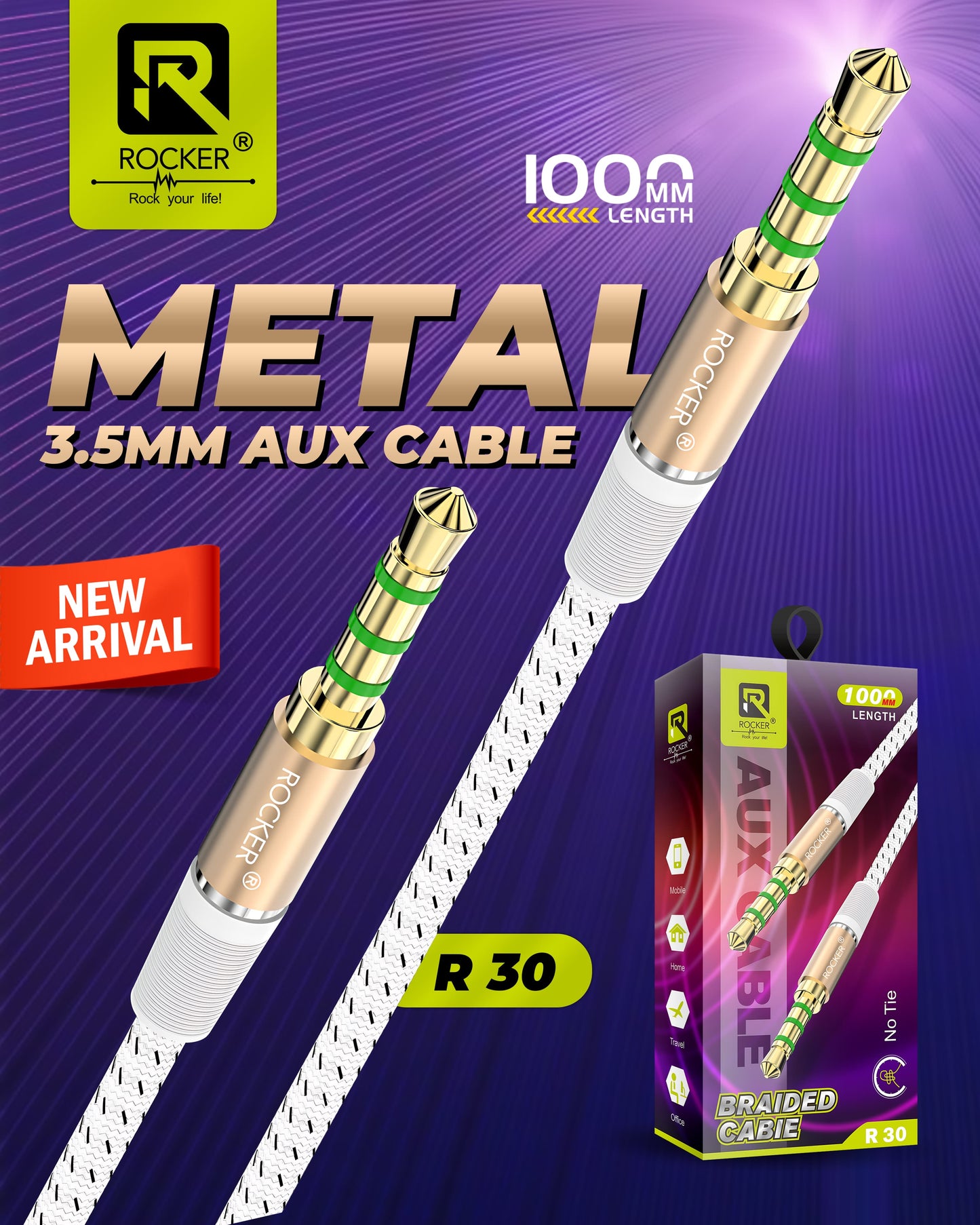 RockerR-30 Metal 3.5MM AUX  Cable , 1000MM Long  Braided  cable