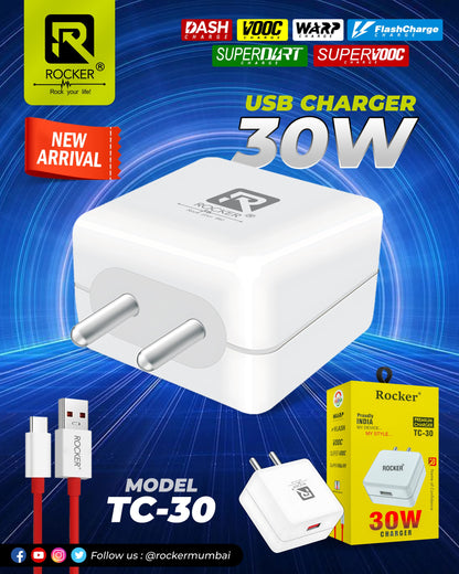 Rocker TC-30 Adapter, 30W  Fast Charger, USB-C Power Adapter