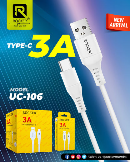 Rocker 3A UC- 106,  fast &Stable Charging Cable ,Type-C , 1M  Length