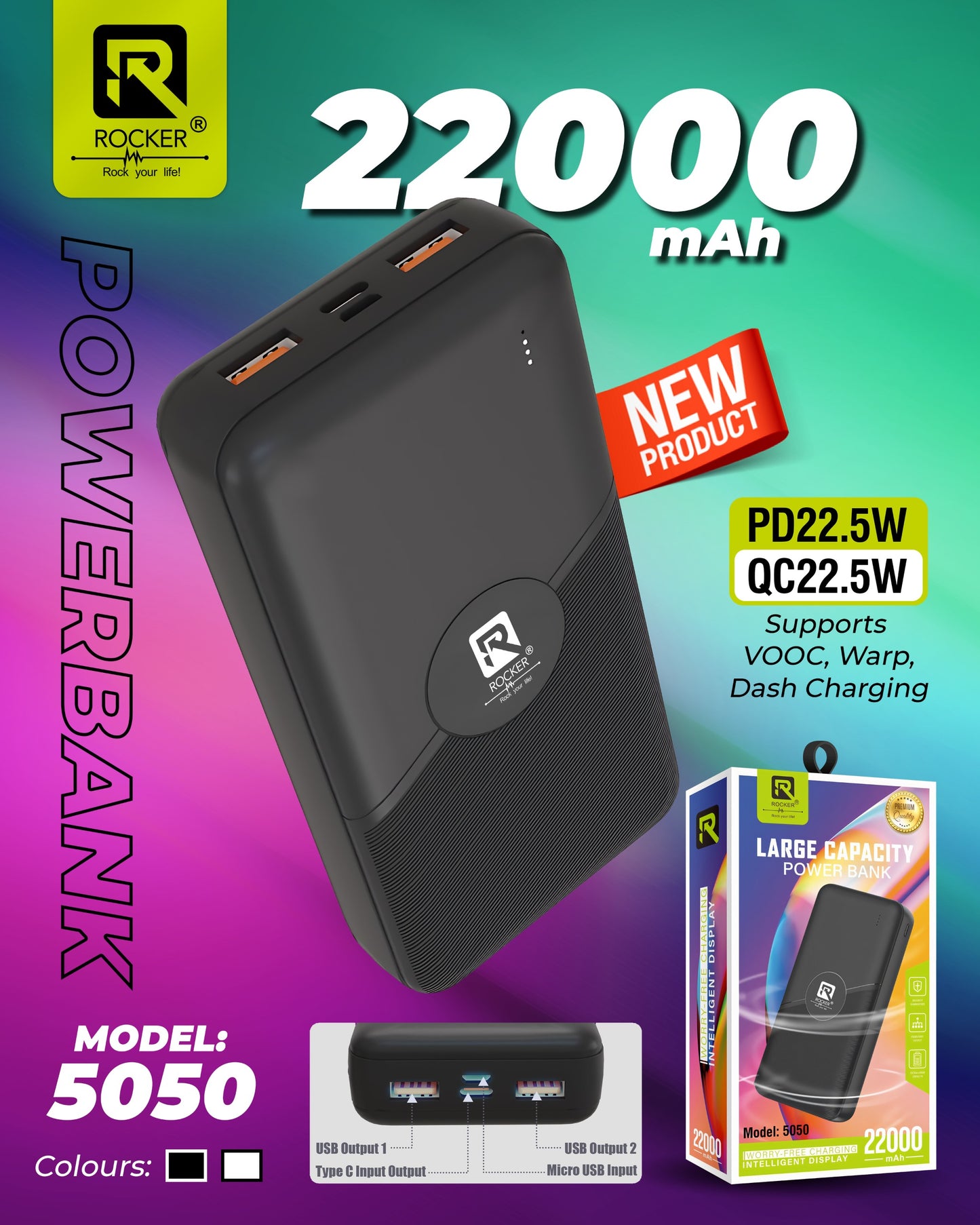 Rocker 5050 , Large Capacity Power Bank, Type-C  Input Output , 22000mAh