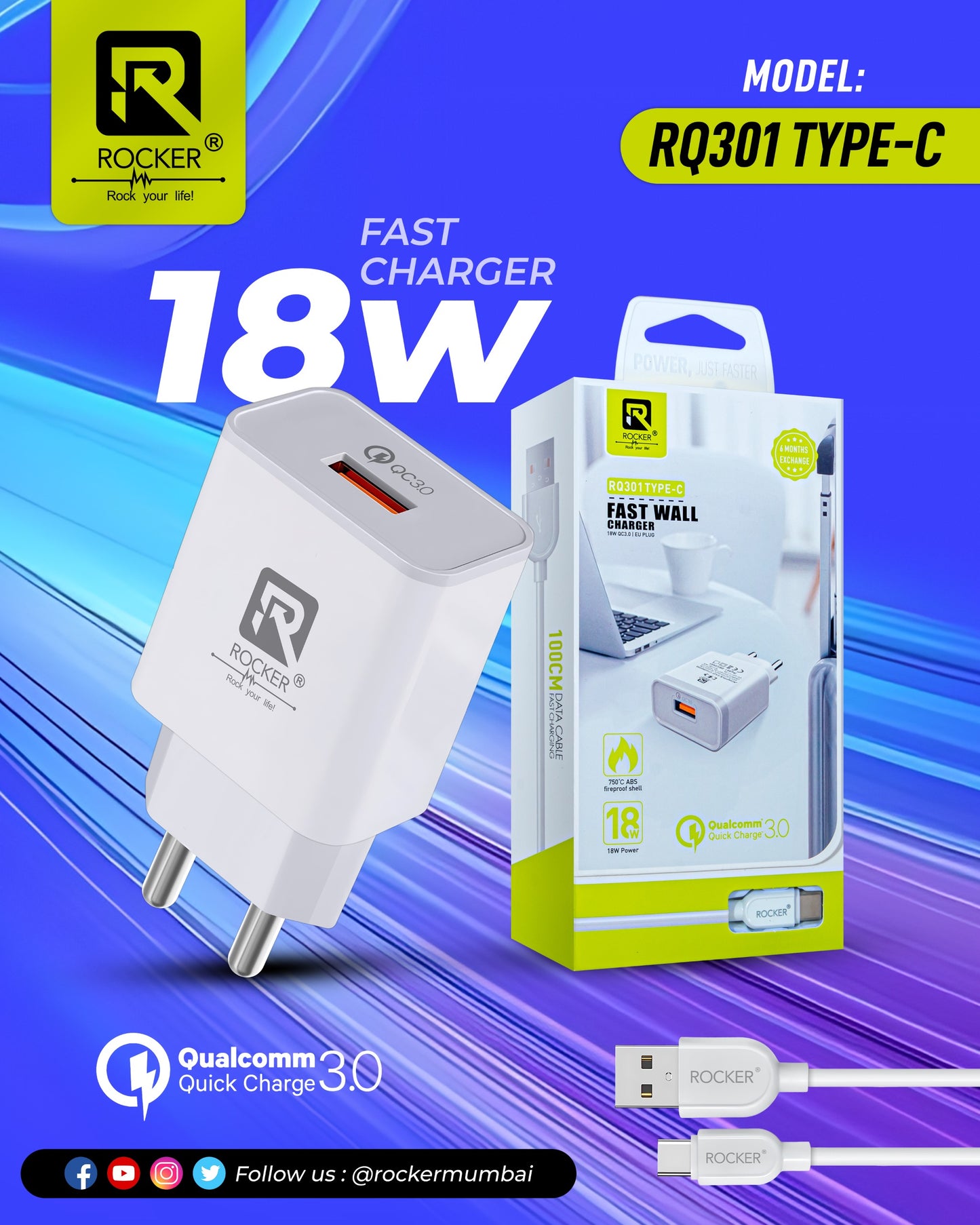 Rocker RQ301 Adapter with data cable,18W Fast Charger. Type-C