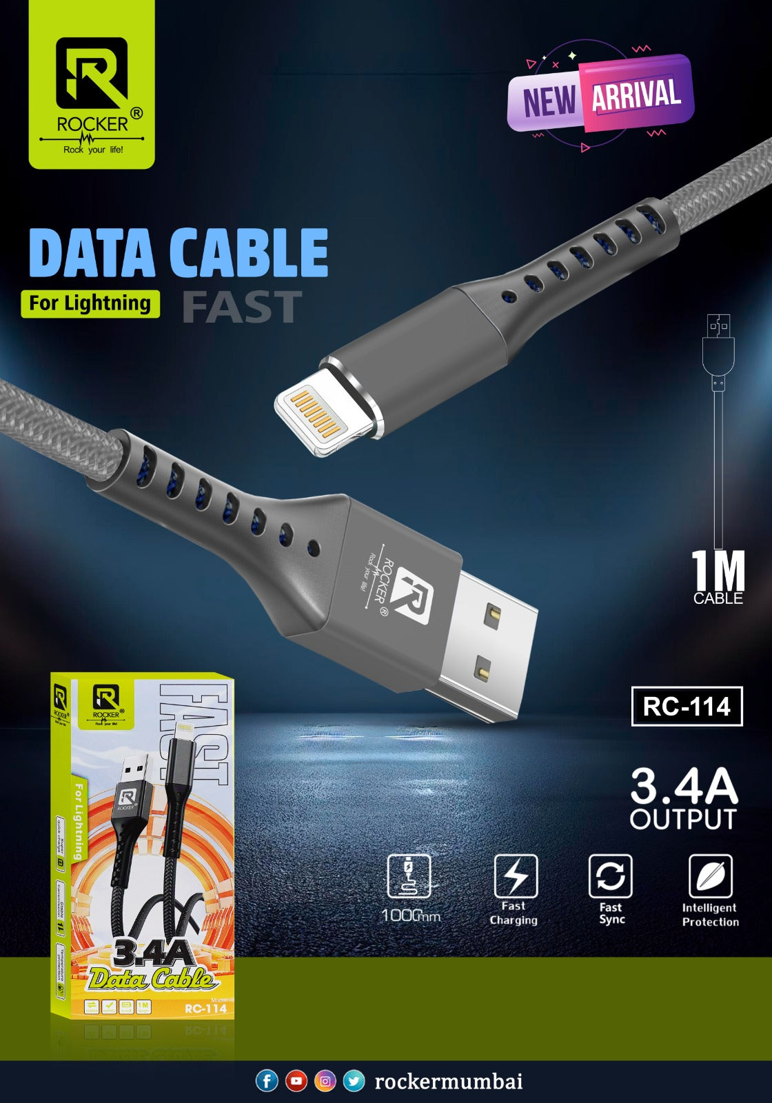 Rocker RC-114, 3.4A Output , IPHONE Data Cable For Lightening