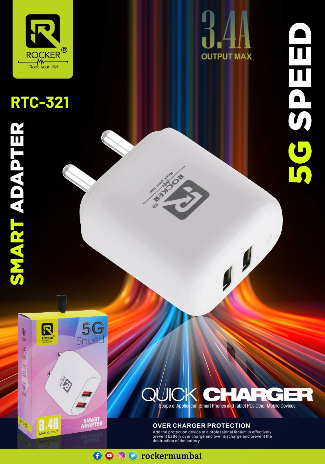 Rocker RTC-321 , 3.4A Output,Smart Adapter, Quick Charger