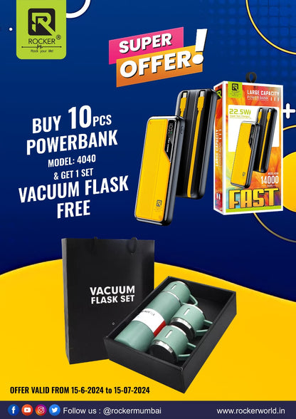 Rocker4040 FAST , Power Bank , 14000mAh (10 PCS) + Free Vacume Flask