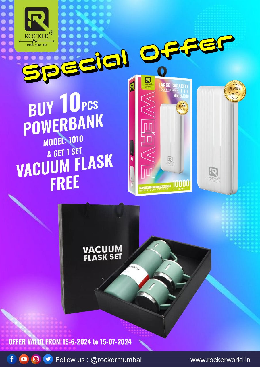 Rocker 1010 ,  Large Capacity Power Bank , 10000mAh (10 PCS) + Vacume Flask Free