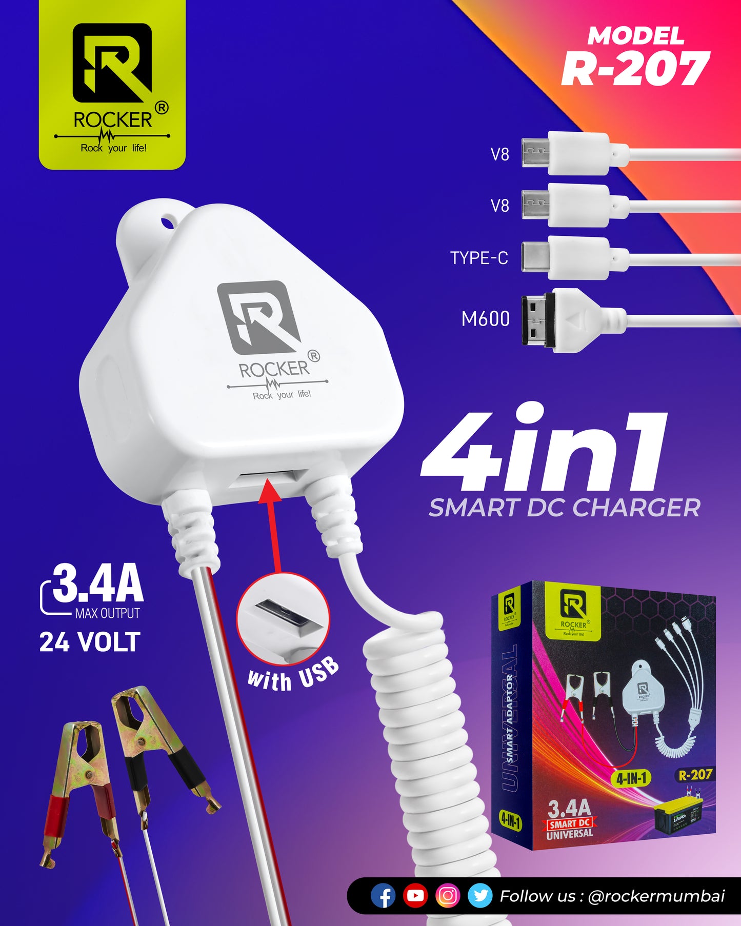 Rocker R-207 , 4 in 1 Smart DC charger,  3.4A Max Output