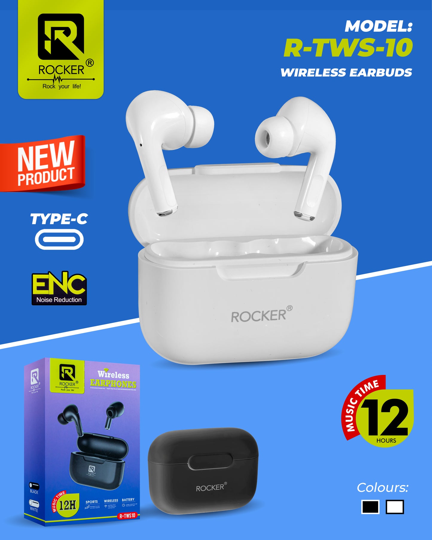 Rocker R-TWS-10, WIRELESS EARBUDS ,Type-C, 12 Hour Music Time